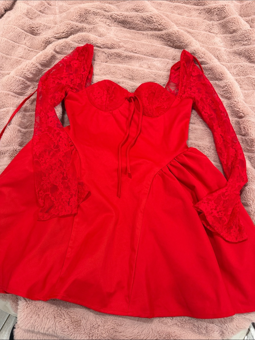 Red Lace Sleeve Corset Dress